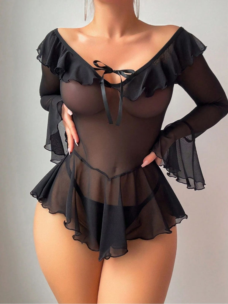 50er schulterfreies Nachtkleid aus transparentem Mesh