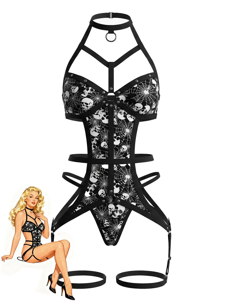 70er Riemchen-Bodysuit mit Totenkopf und Spinnennetz