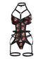 Dunkelroter 70er Riemchen-Bodysuit mit Totenkopf und Spinnennetz