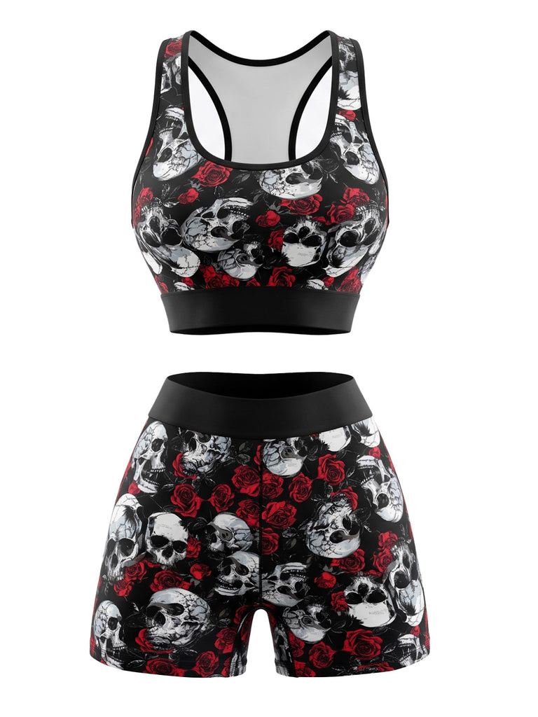 Schwarzes 80er Halloween-Sportset mit Totenkopf- und Rosenprint