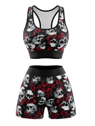 Schwarzes 80er Halloween-Sportset mit Totenkopf- und Rosenprint