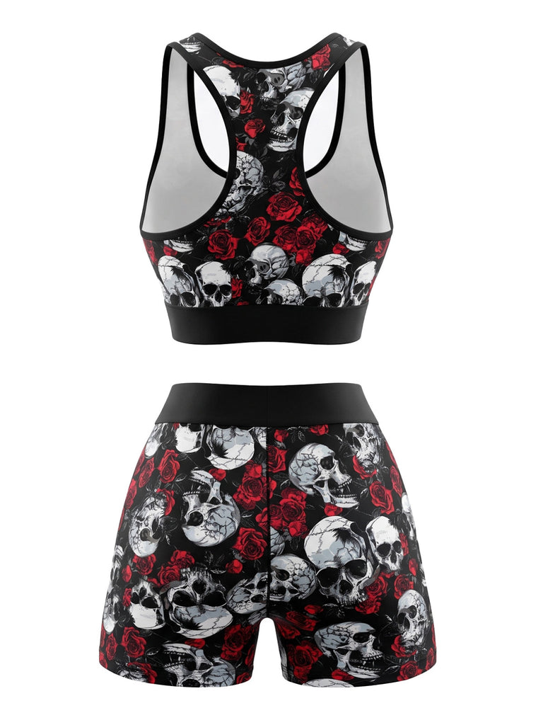 Schwarzes 80er Halloween-Sportset mit Totenkopf- und Rosenprint