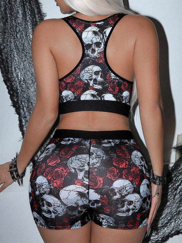 Schwarzes 80er Halloween-Sportset mit Totenkopf- und Rosenprint