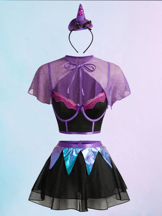 80er Hexen-Dessous-Set mit Spitzen-Cape und Rock