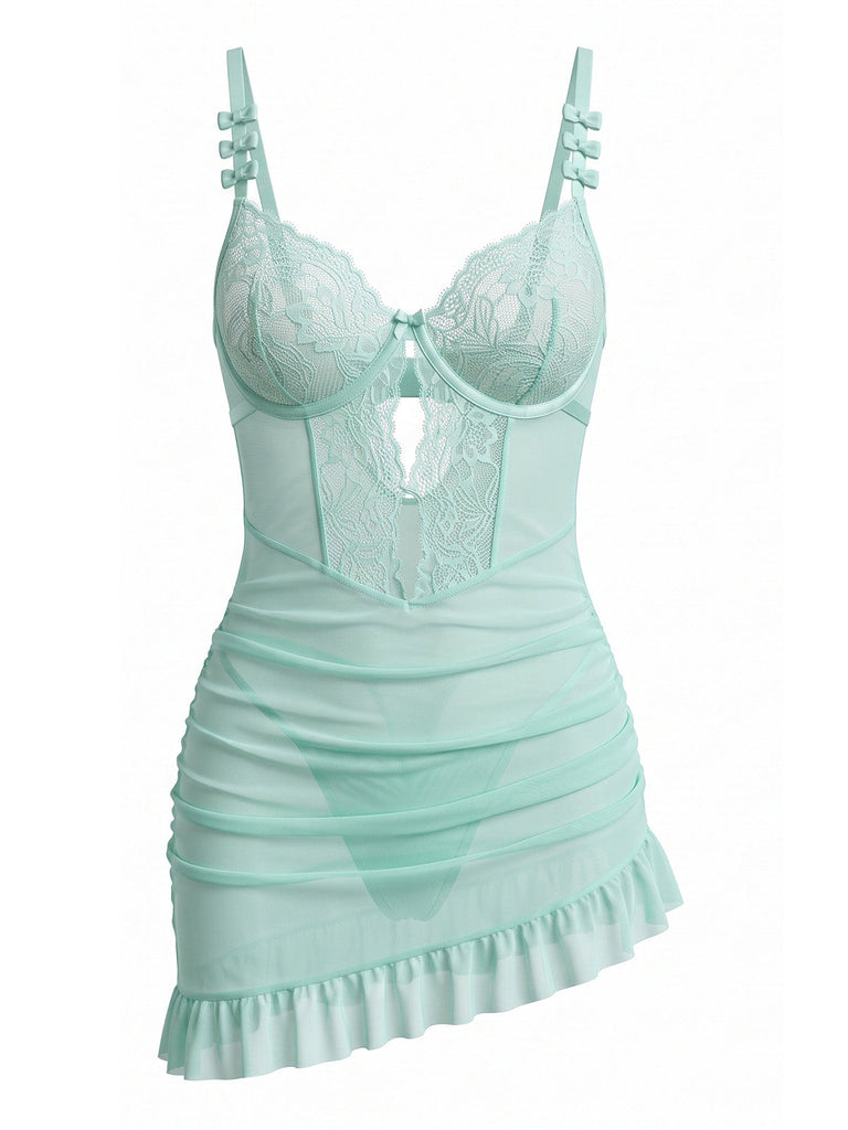 Mintgrünes 80er Babydoll-Nachtkleid mit Spitze und Schleife