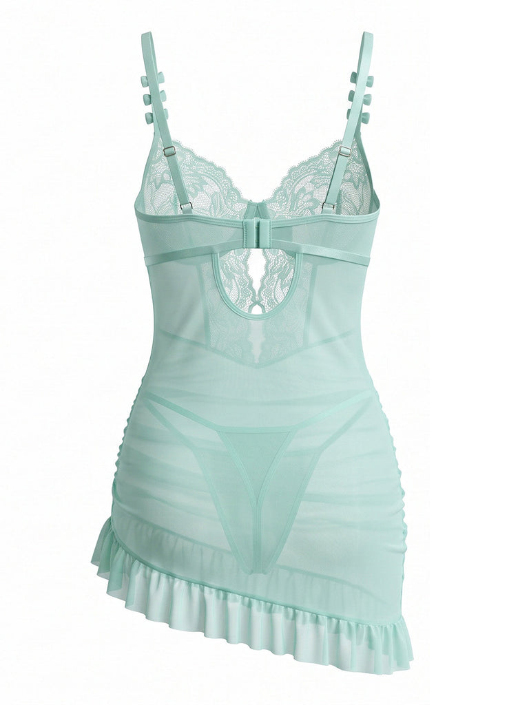 Mintgrünes 80er Babydoll-Nachtkleid mit Spitze und Schleife
