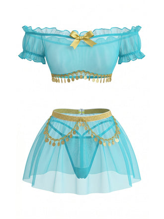 Blaues 50er Pyjama-Set aus transparentem Mesh