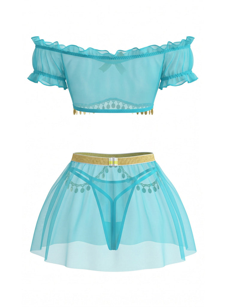 Blaues 50er Pyjama-Set aus transparentem Mesh