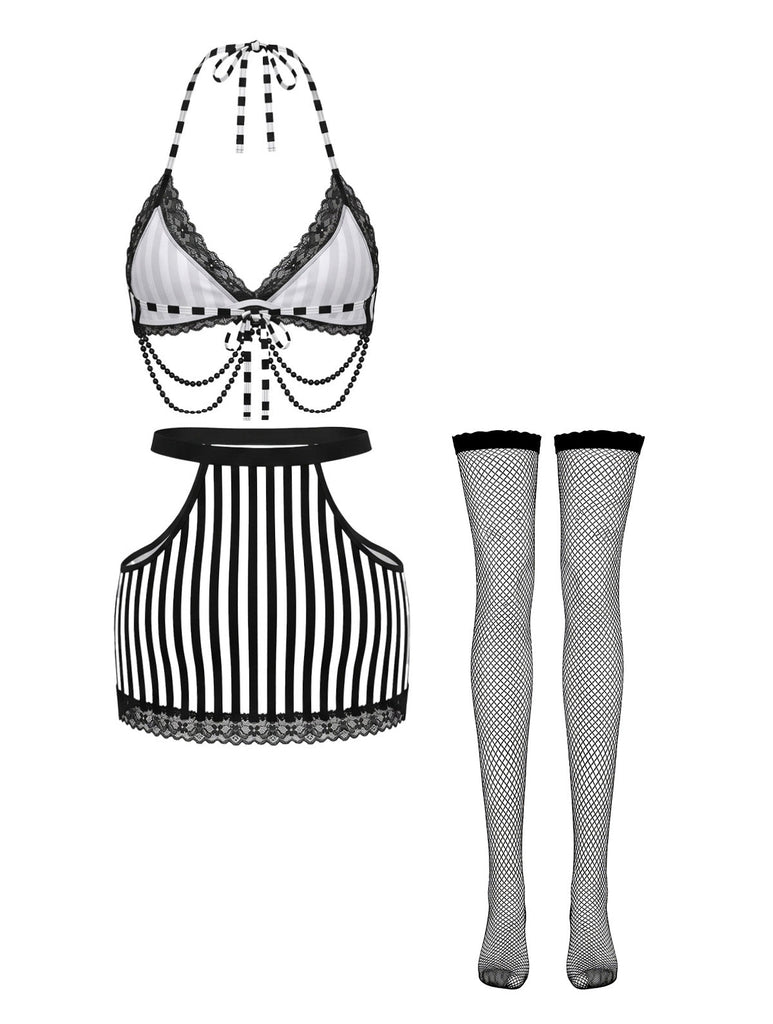 80er Strümpfe mit Neckholder und Spitze