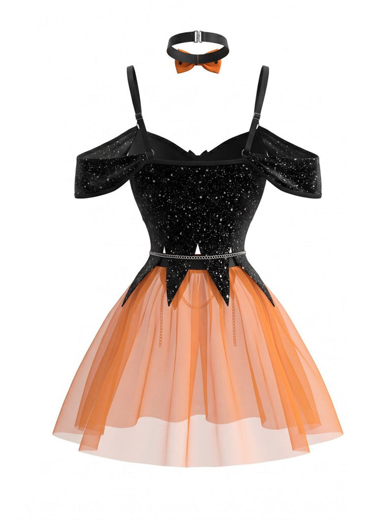 80er Halloween-Hexen-Dessous-Set mit Cold-Shoulder und Hexen-Haarreif