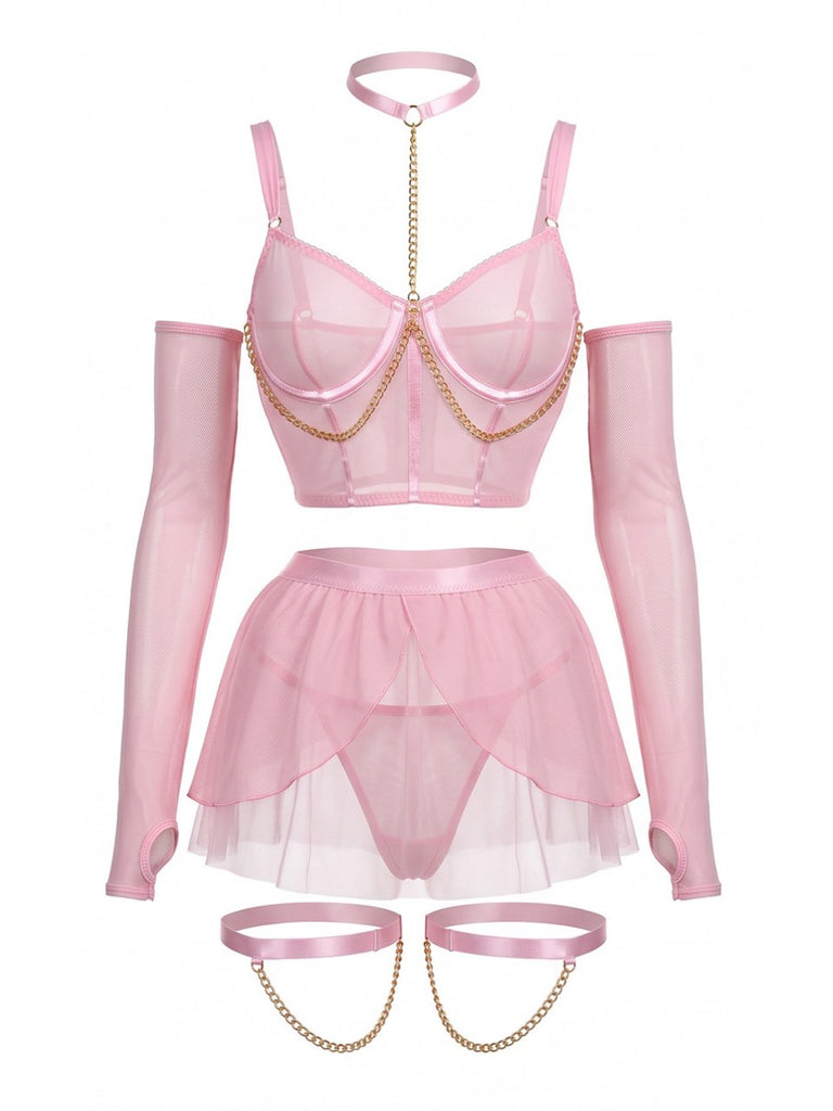 Rosa 80er Mesh-Dessous-Set mit Ketten und Choker