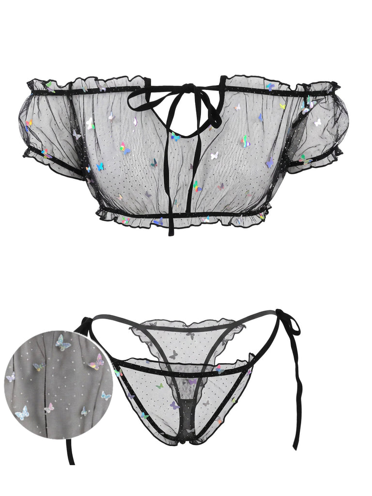 70er Dessous-Set mit Schmetterling und transparent