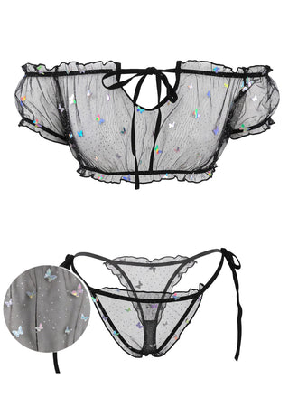 70er Dessous-Set mit Schmetterling und transparent
