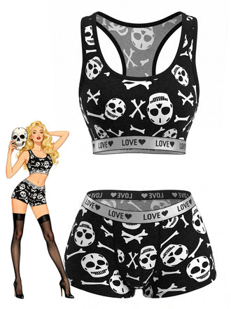 Schwarzes 40er Pyjama-Set mit Totenkopf