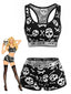 Schwarzes 40er Schlafanzug-Shorts-Set mit Totenkopf und Knochen