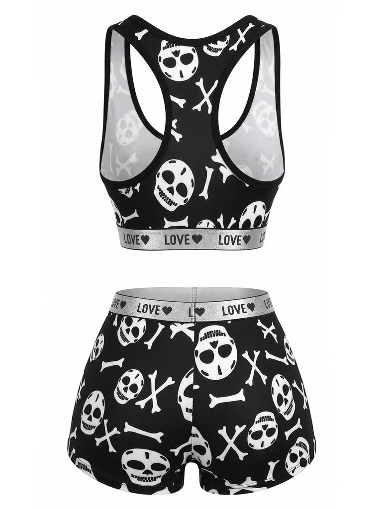Schwarzes 40er Pyjama-Set mit Totenkopf