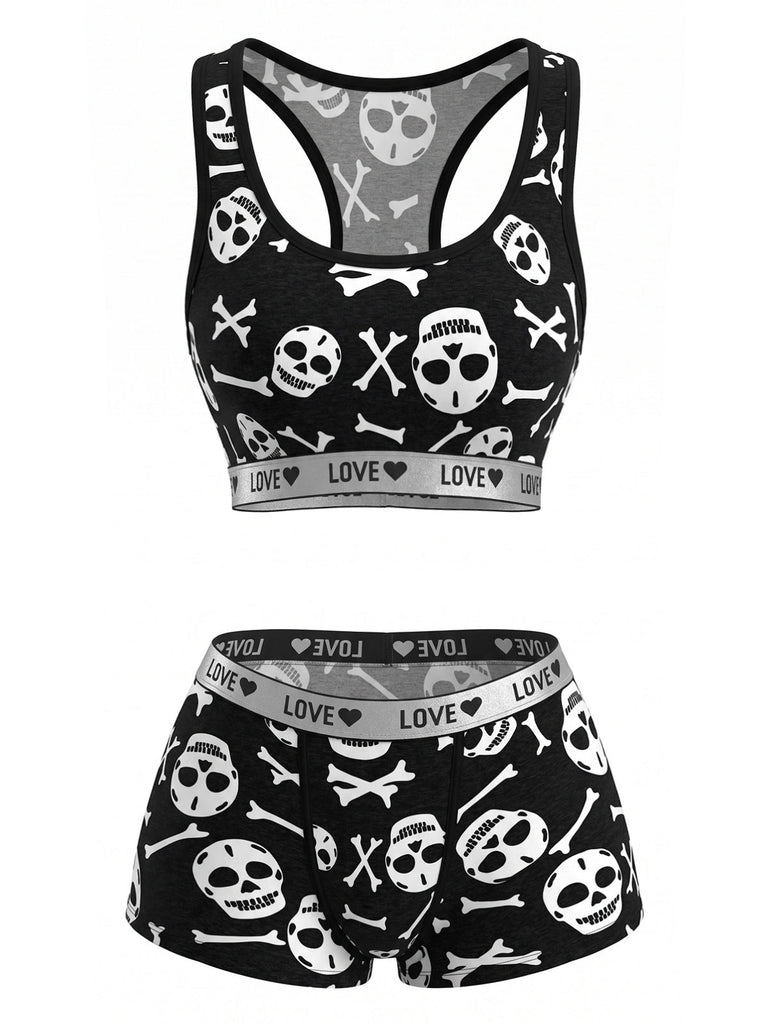 Schwarzes 40er Pyjama-Set mit Totenkopf