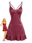 Burgunderrotes 40er Satin-Nachtkleid mit Polka-Dots und Rüschensaum