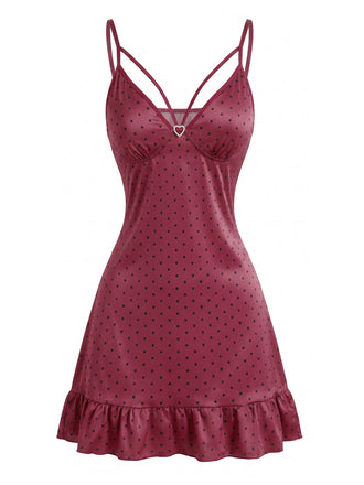 Burgunderrotes 40er Satin-Nachtkleid mit Polka-Dots und Rüschensaum