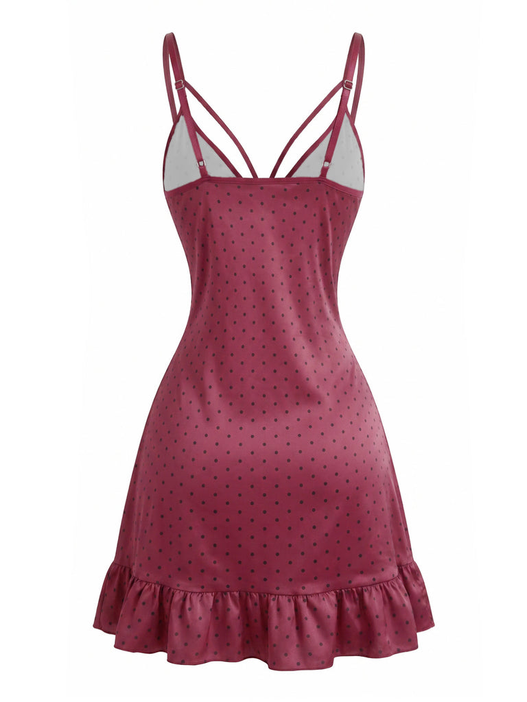 Burgunderrotes 40er Satin-Nachtkleid mit Polka-Dots und Rüschensaum