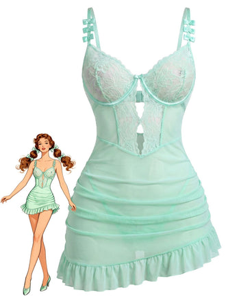 Grünes 70er Nachtkleid mit Spitzen-Mesh und Schleifen-Trägern