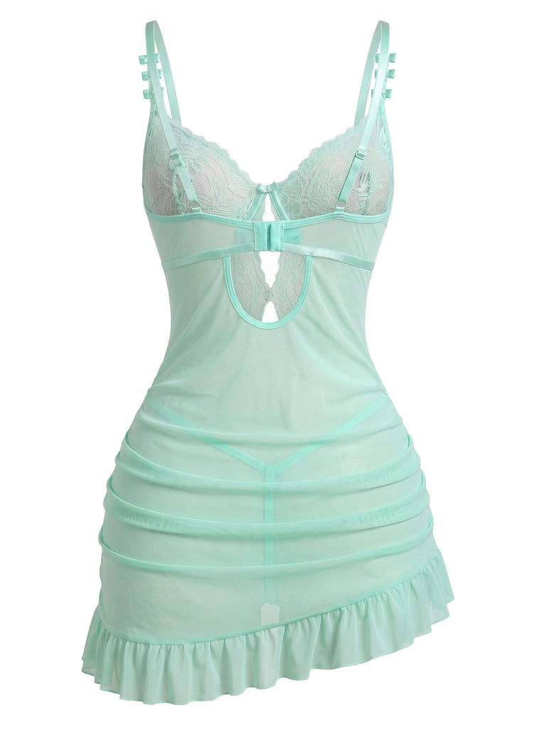 Grünes 70er Nachtkleid mit Spitzen-Mesh und Schleifen-Trägern
