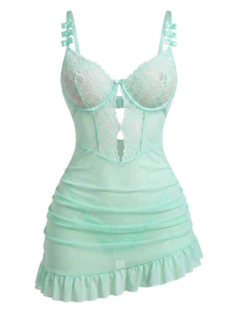 Grünes 70er Nachtkleid mit Spitzen-Mesh und Schleifen-Trägern