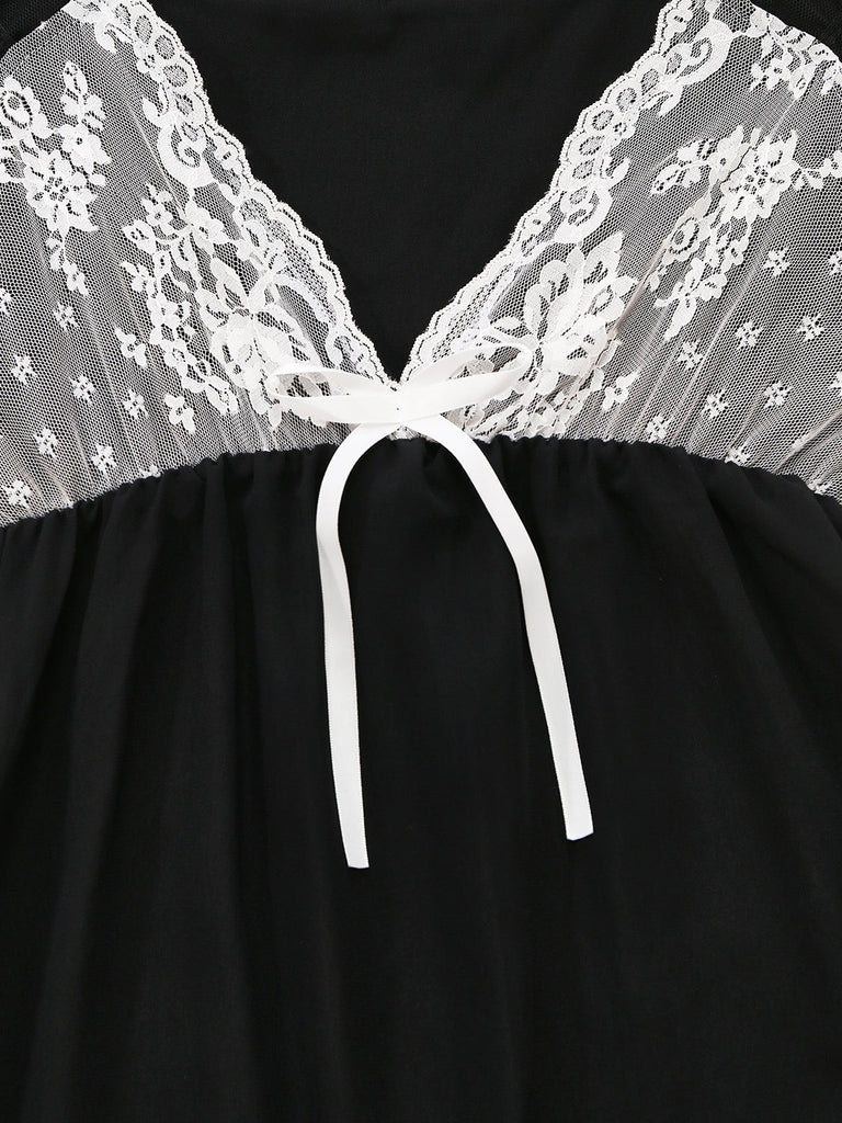 Schwarzes 70er Babydoll-Nachthemd mit Spitze