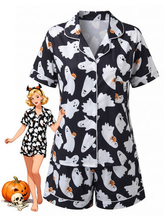 Schwarzer 50er Halloween-Pyjama mit Geisterprint