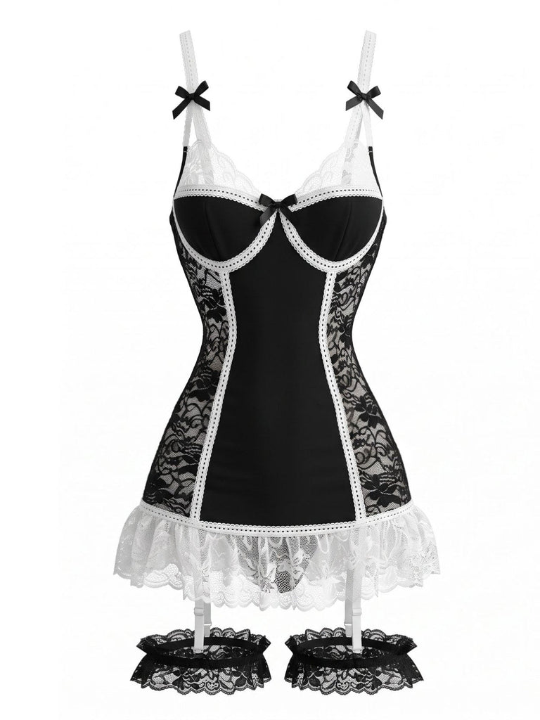 Schwarzes 80er Spitzen-Dessous-Set mit Strumpfhaltern