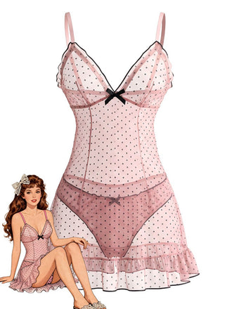 80er Mesh-Babydoll mit Punkten, Schleife und Rüschen