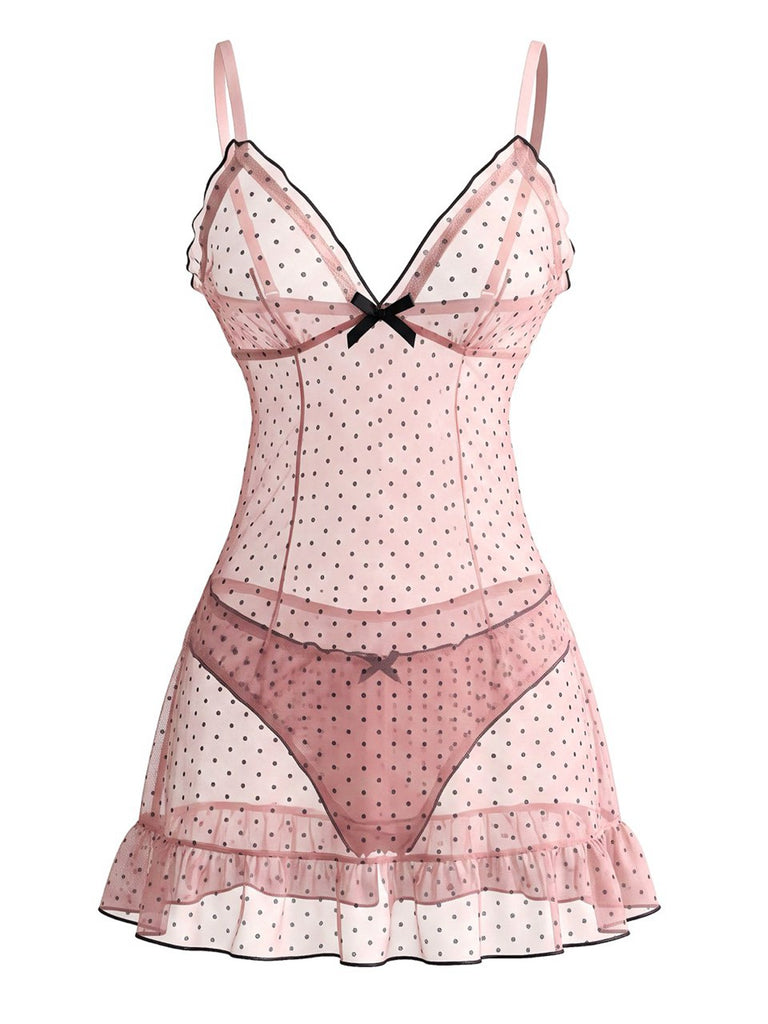 80er Mesh-Babydoll mit Punkten, Schleife und Rüschen