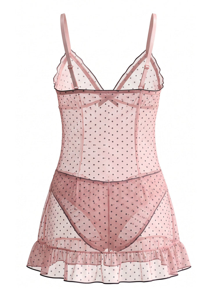 80er Mesh-Babydoll mit Punkten, Schleife und Rüschen
