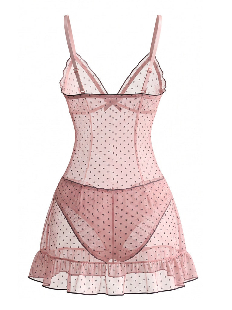 80er Mesh-Babydoll mit Punkten, Schleife und Rüschen