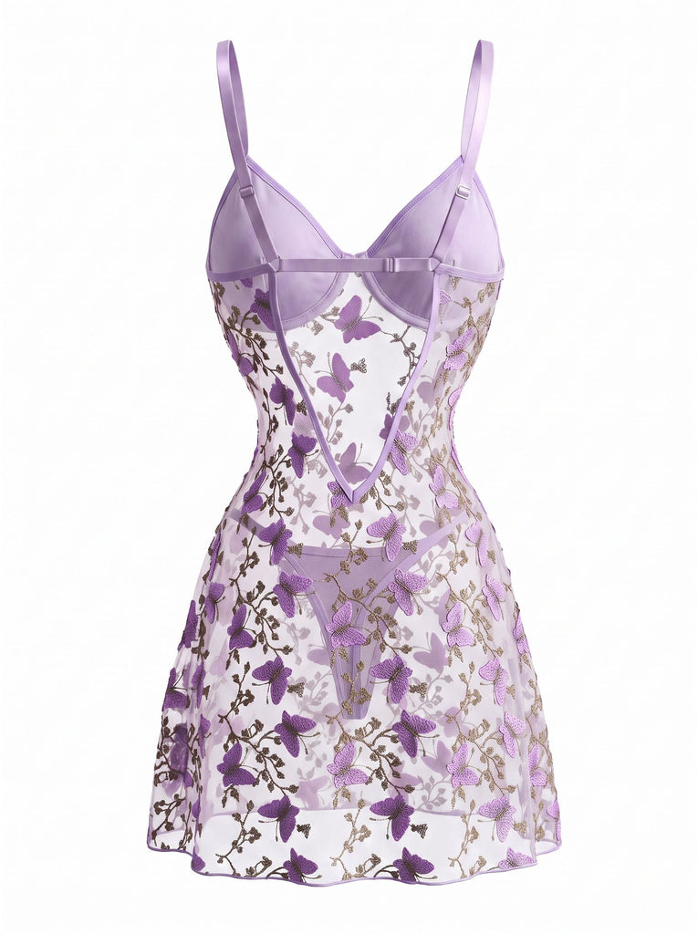 Lavendel 70er Netz-Nachthemd mit Stickerei und Schmetterling