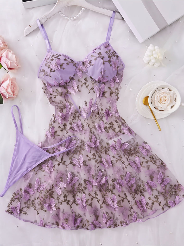 Lavendel 70er Netz-Nachthemd mit Stickerei und Schmetterling