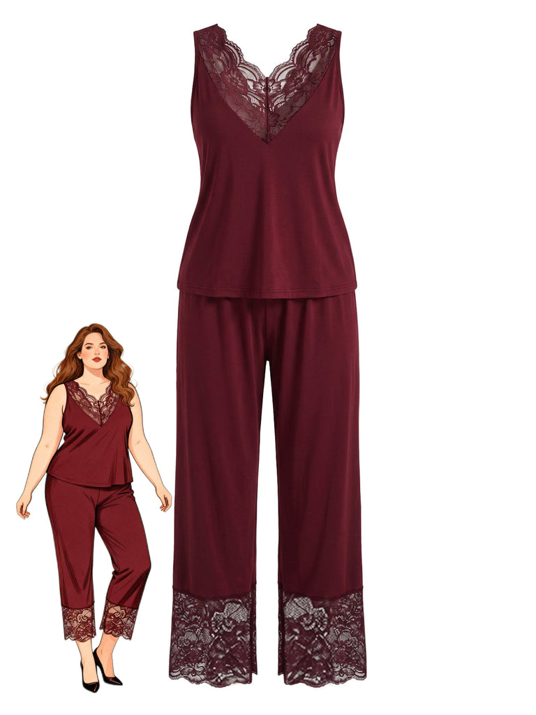 [Übergröße] 40er Pyjamaset aus ärmellosem Top & Hose mit Spitzenbesatz
