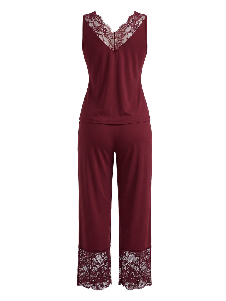 [Übergröße] 40er Pyjamaset aus ärmellosem Top & Hose mit Spitzenbesatz