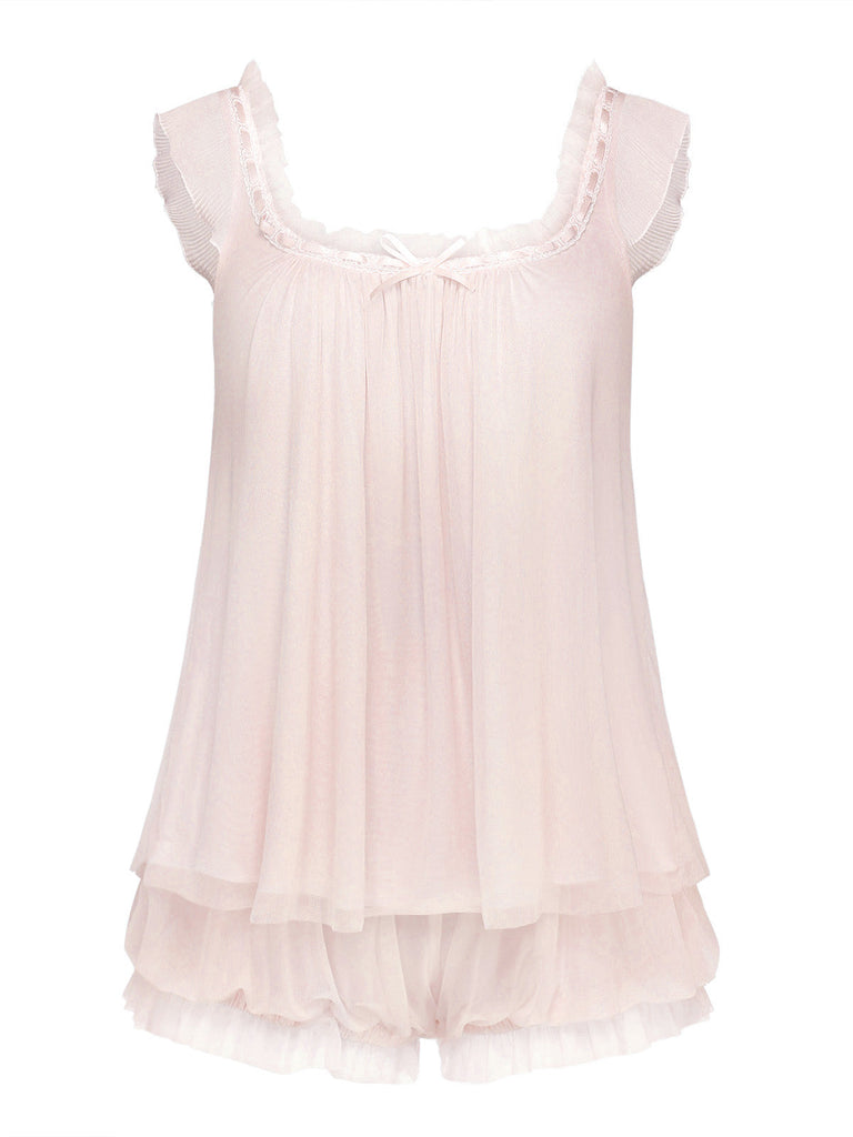 30er Cami-Pyjama-Set mit Rüschen und Flatterärmeln