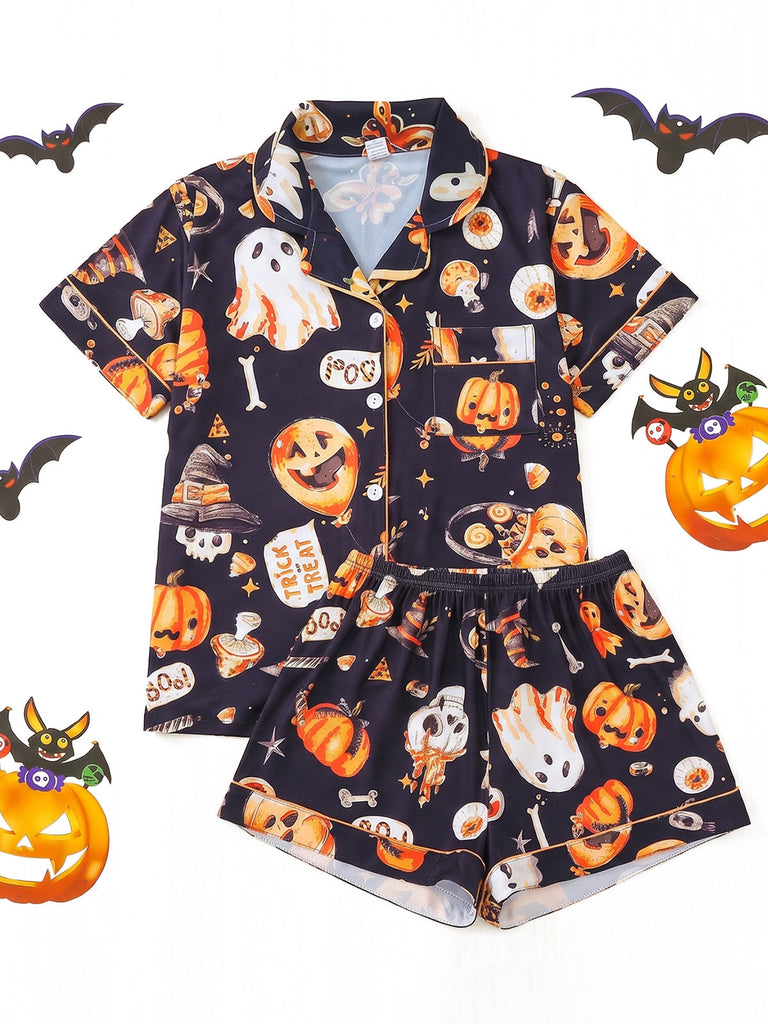 70er Halloween Schlafanzug-Set mit Kürbis- und Geisterprint