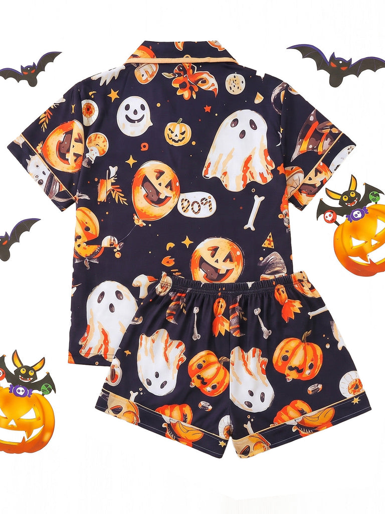 70er Halloween Schlafanzug-Set mit Kürbis- und Geisterprint