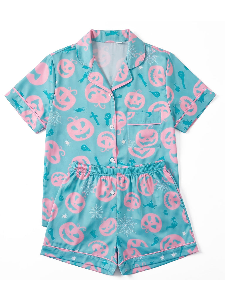 70er Halloween Schlafanzug-Set mit Kürbis- und Geisterprint