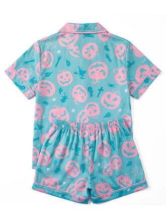 70er Halloween Schlafanzug-Set mit Kürbis- und Geisterprint