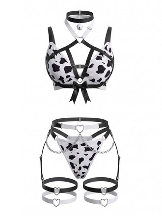 Schwarz-weißes 80er Dessous-Set mit Kuhprint und Kreuzträgern