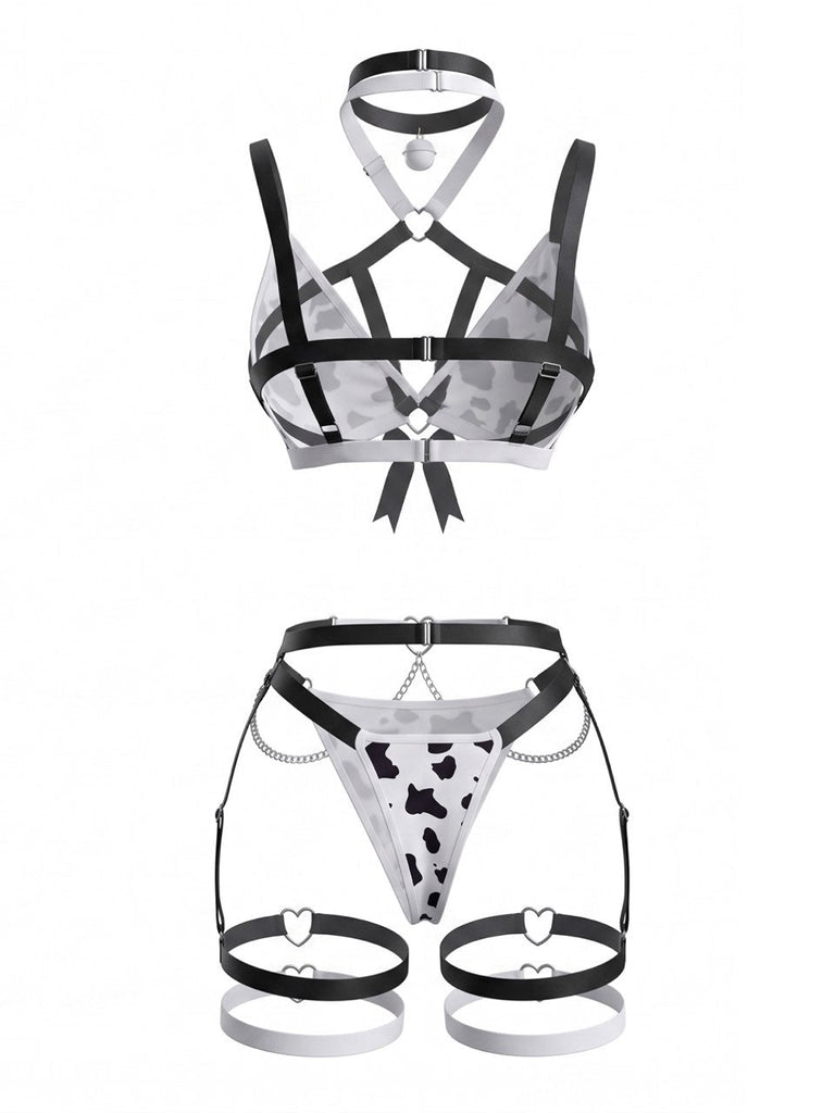 Schwarz-weißes 80er Dessous-Set mit Kuhprint und Kreuzträgern