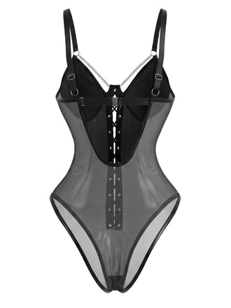 Schwarzer 70er Bodysuit aus Kunstleder mit Kettendetail und Schnürung