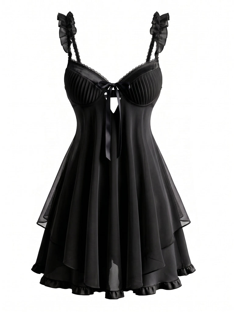 50er Babydoll-Negligé mit Rüschenbesatz und Schleife
