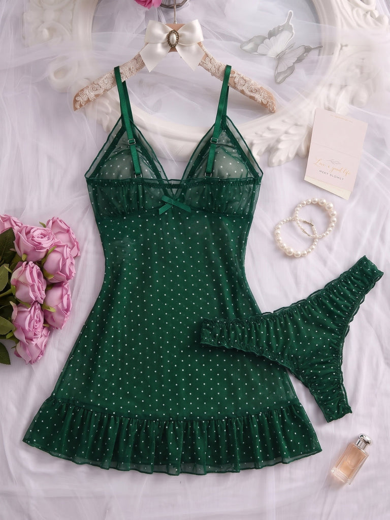 50er Babydoll-Nachtkleid-Set aus transparentem Mesh mit Polka-Dots und Rüschensaum