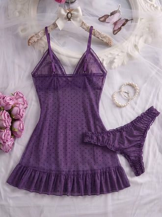 50er Babydoll-Nachtkleid-Set aus transparentem Mesh mit Polka-Dots und Rüschensaum