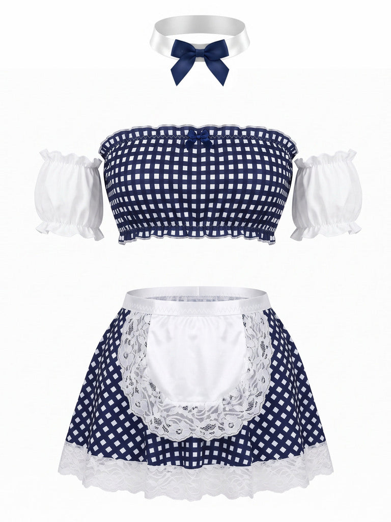50er Trägerloses Dessous-Set mit Gingham und Spitze
